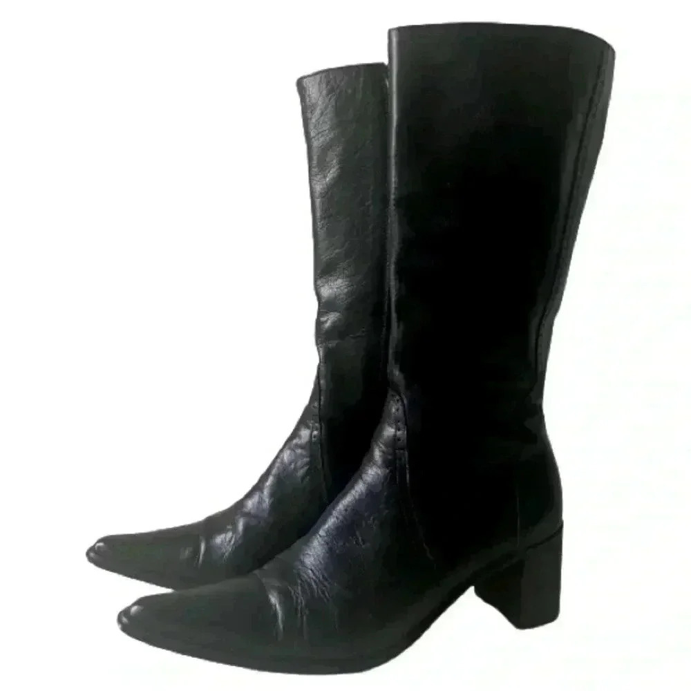 LEATHER BELOW KNEE BLACK HEELED BOOTS ZIPPER CLOSURE BLOCK  HEELS  SIZE 36